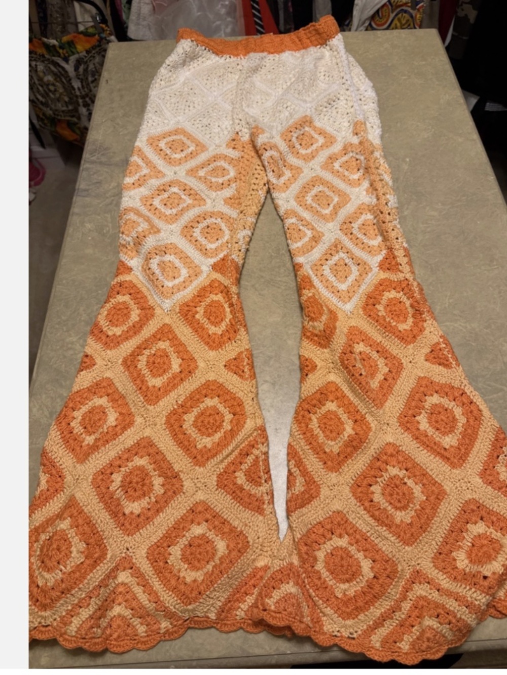 Chasing Unicorns Something To Talk About Crochet Flare Pants Orange/Cream Small - Picture 3 of 7